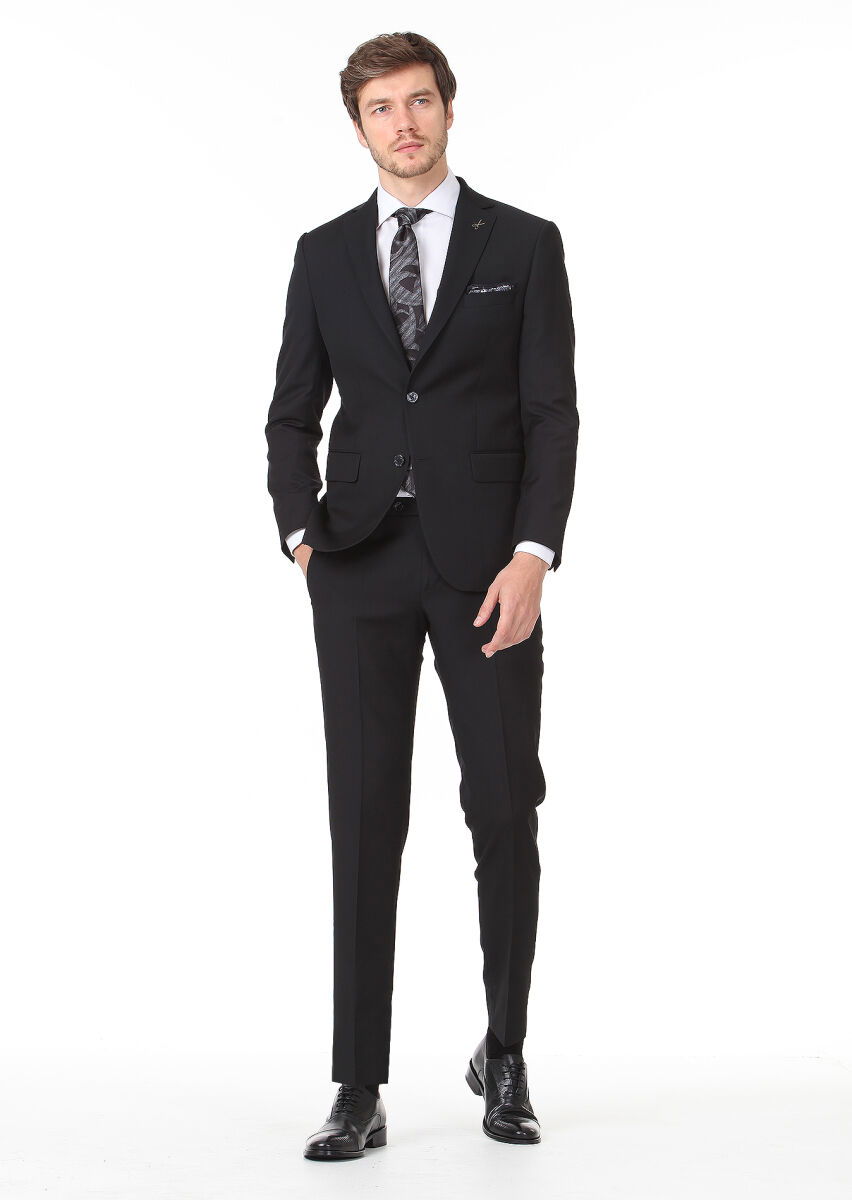 Siyah Mikro Modern Fit %100 Yün Takım Elbise - 3