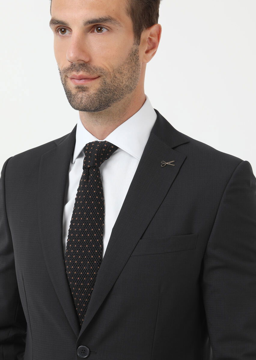 Siyah Mikro Modern Fit %100 Yün Takım Elbise - 3