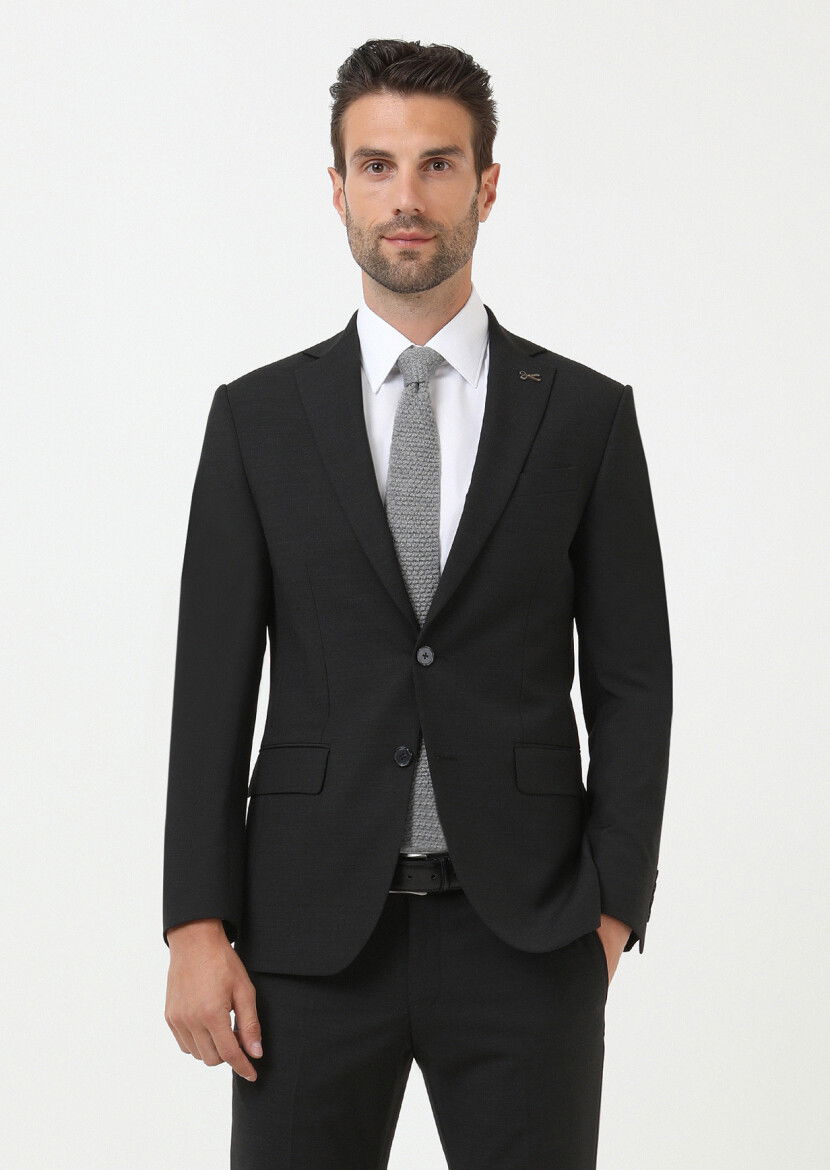 Siyah Mikro Modern Fit Yün Karışımlı Takım Elbise - 2