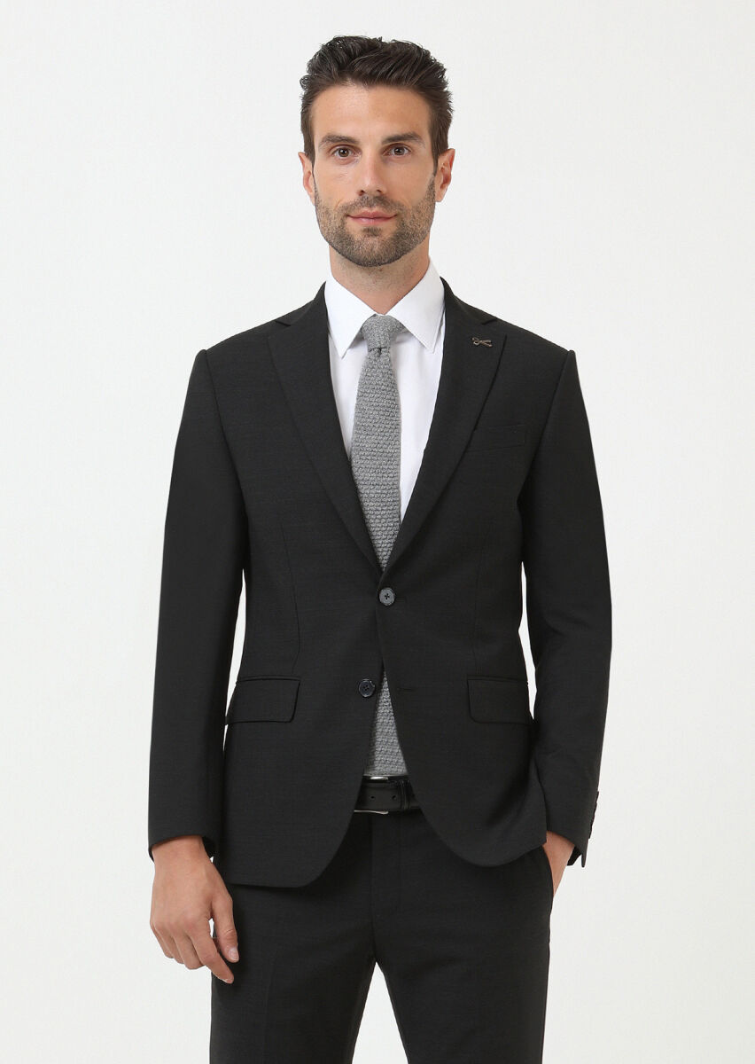 Siyah Mikro Modern Fit Yün Karışımlı Takım Elbise - 2