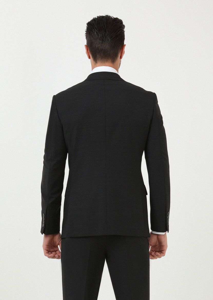 Siyah Mikro Modern Fit Yün Karışımlı Takım Elbise - 4