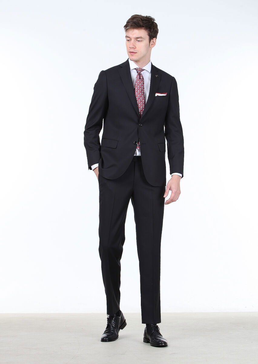 Siyah Mikro Regular Fit %100 Yün Takım Elbise - 1