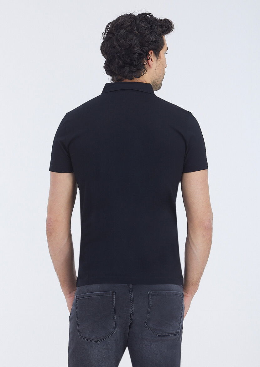 Siyah Polo Yaka %100 Pamuk T-Shirt - 4