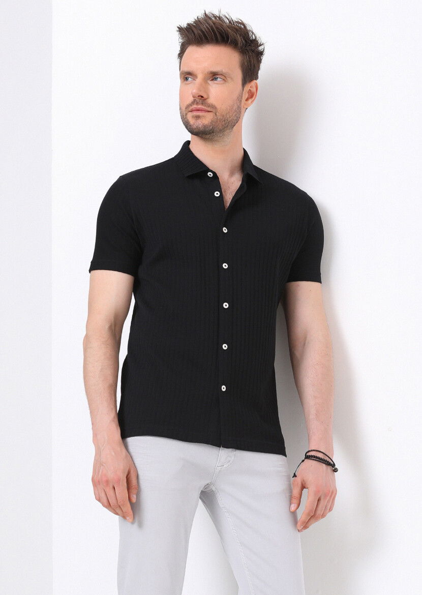 Siyah Slim Fit Casual %100 Pamuk Gömlek - 1