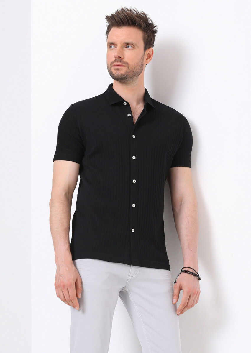Siyah Slim Fit Casual %100 Pamuk Gömlek - 1