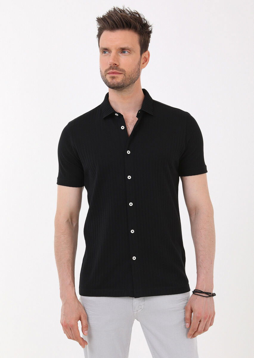 Siyah Slim Fit Casual %100 Pamuk Gömlek - 3