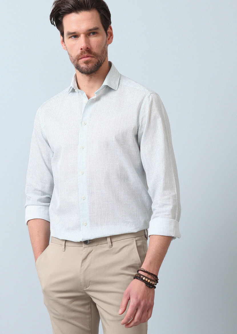 Su Yeşili Baskılı Regular Fit Dokuma Casual %100 Pamuk Gömlek 