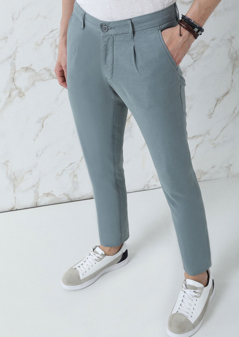 Su Yeşili Düz Dokuma Regular Fit Casual Pamuk Karışımlı Pantolon - 2