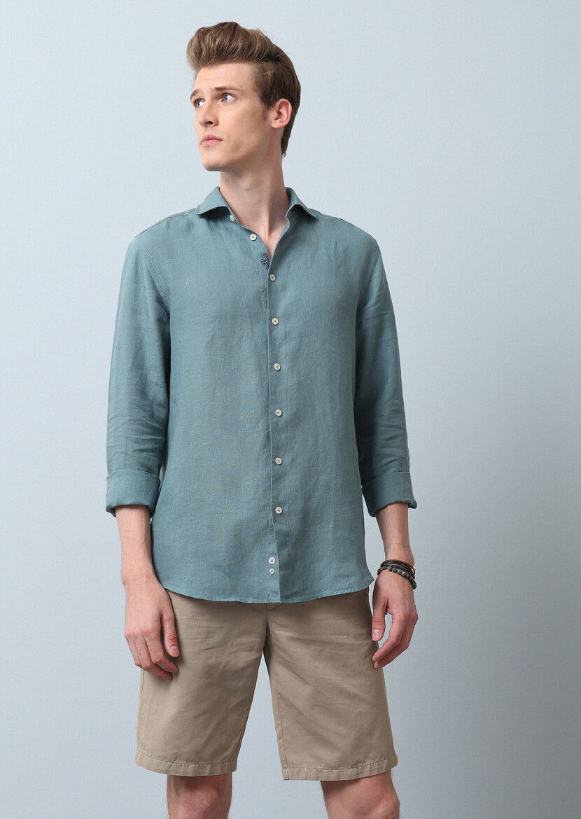 Su Yeşili Düz Regular Fit Dokuma Casual %100 Keten Gömlek - 1
