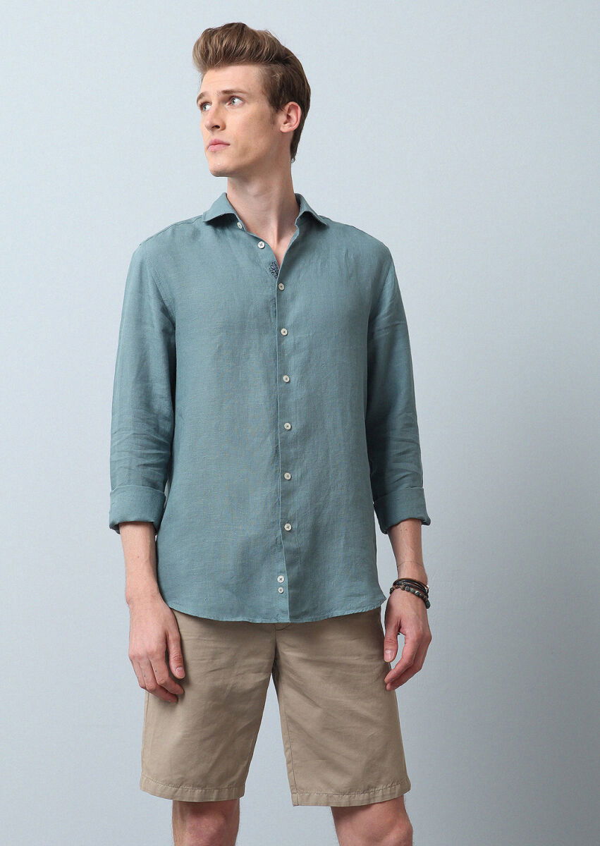 Su Yeşili Düz Regular Fit Dokuma Casual %100 Keten Gömlek - 1