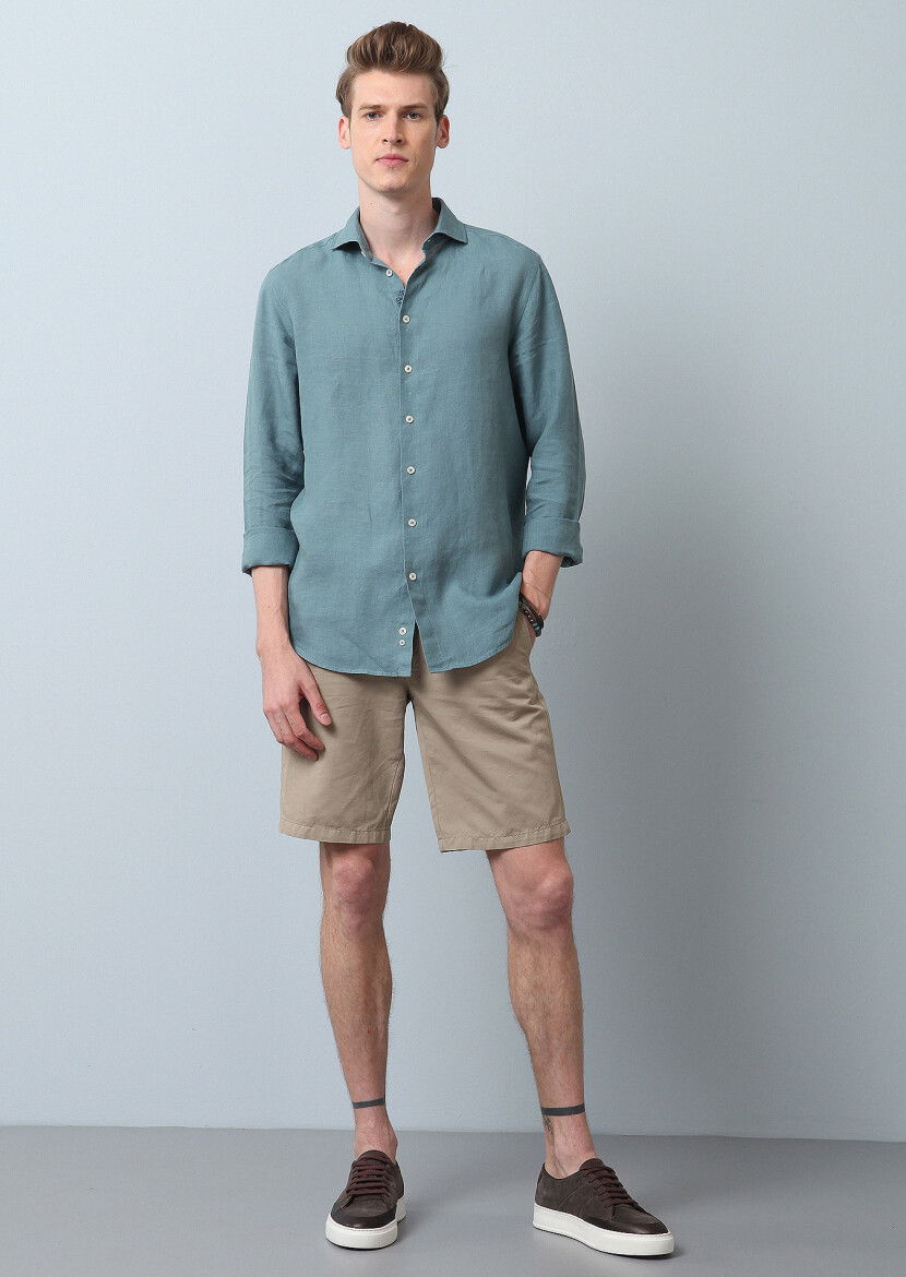 Su Yeşili Düz Regular Fit Dokuma Casual %100 Keten Gömlek - 2