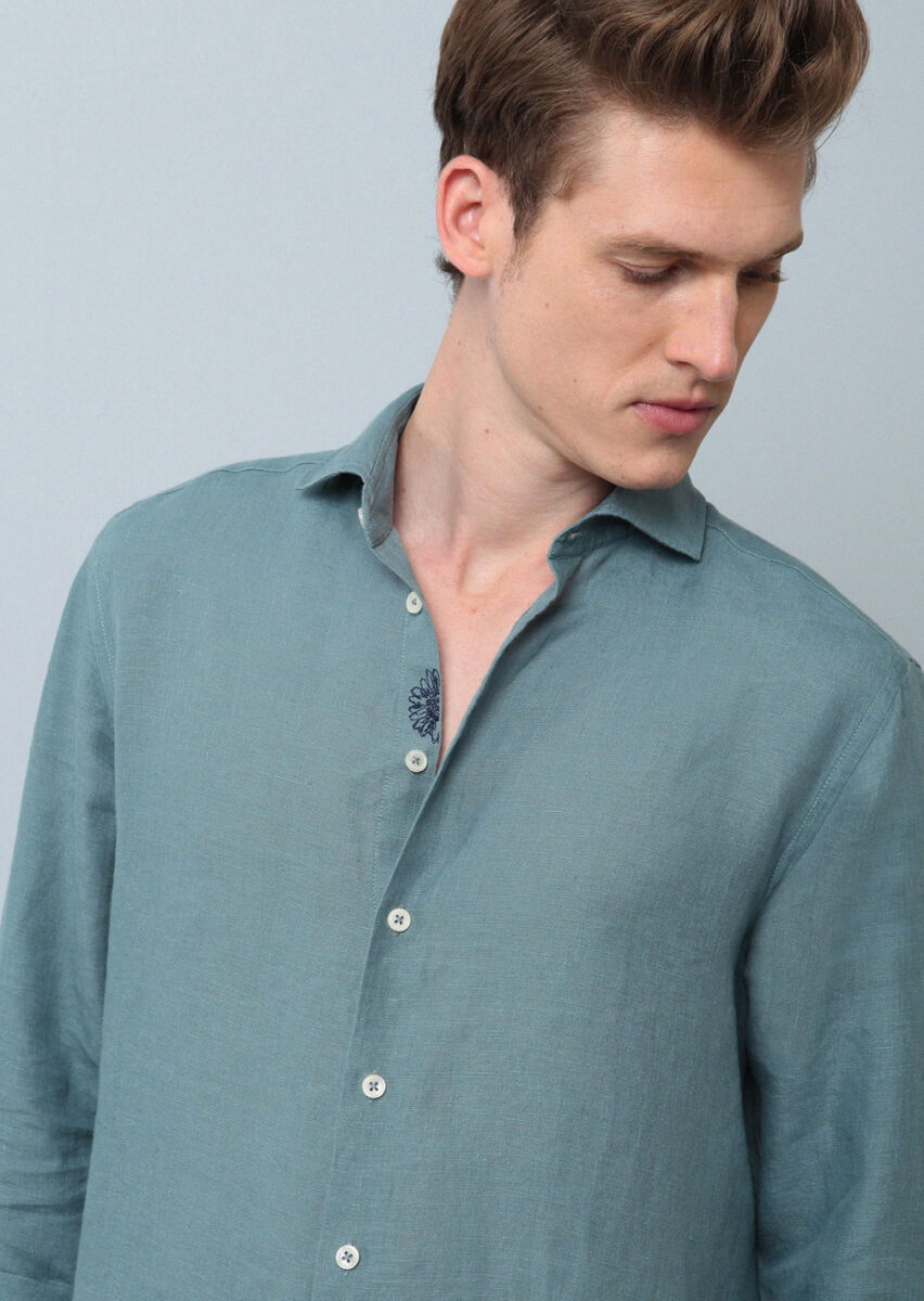 Su Yeşili Düz Regular Fit Dokuma Casual %100 Keten Gömlek - 4
