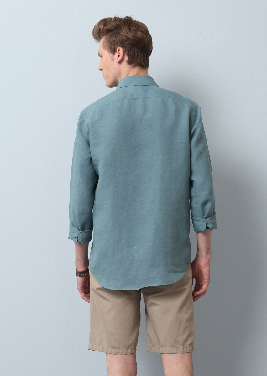 Su Yeşili Düz Regular Fit Dokuma Casual %100 Keten Gömlek - 5