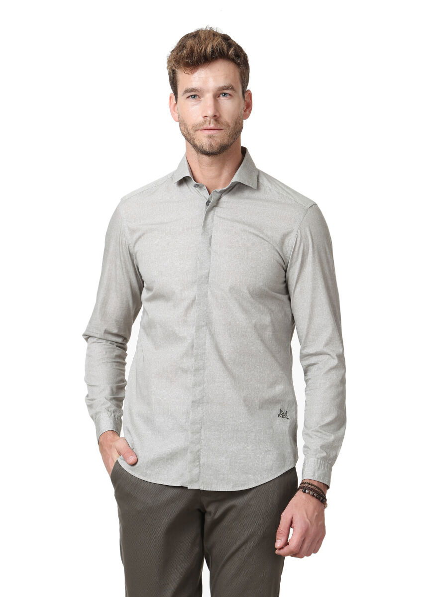 Taş Baskılı Slim Fit Dokuma Casual %100 Pamuk Gömlek - 1