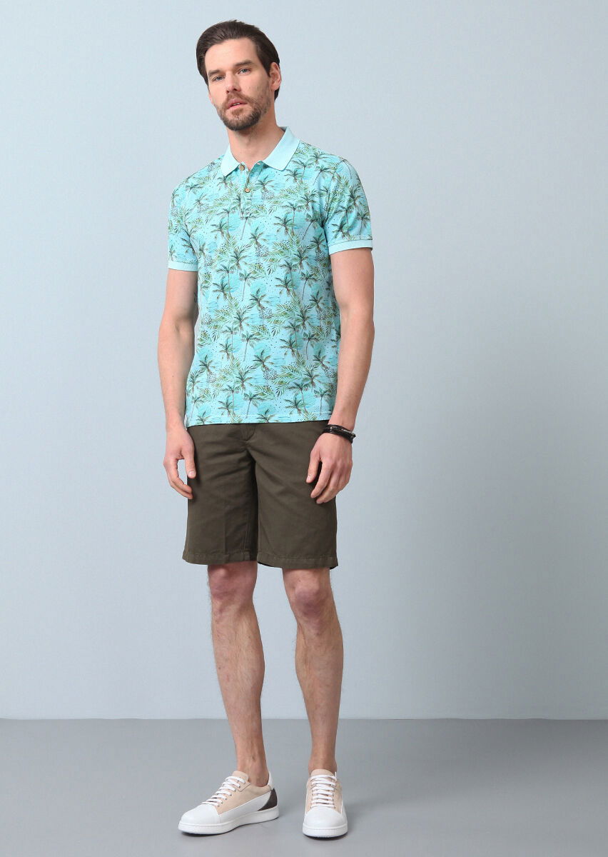 Turkuaz Baskılı Polo Yaka %100 Pamuk T-Shirt - 4