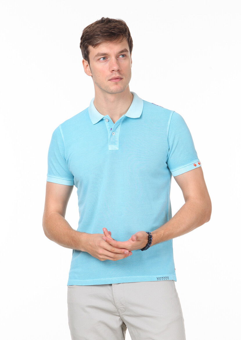 Turkuaz Düz Polo Yaka %100 Pamuk T-Shirt 