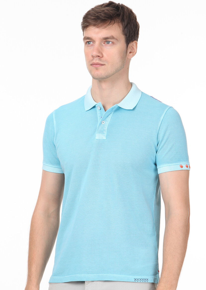 Turkuaz Düz Polo Yaka %100 Pamuk T-Shirt 