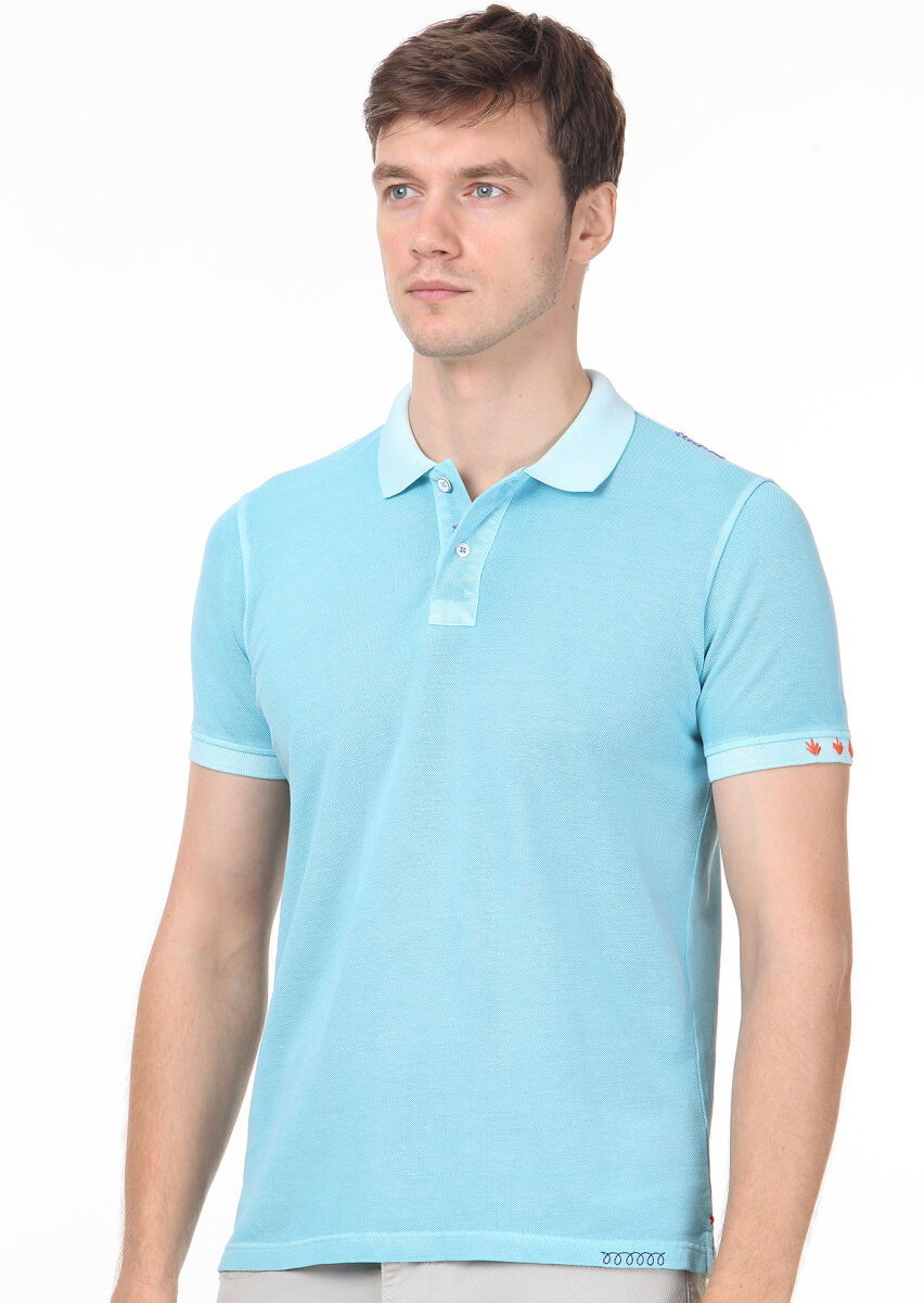 Turkuaz Düz Polo Yaka %100 Pamuk T-Shirt - 2