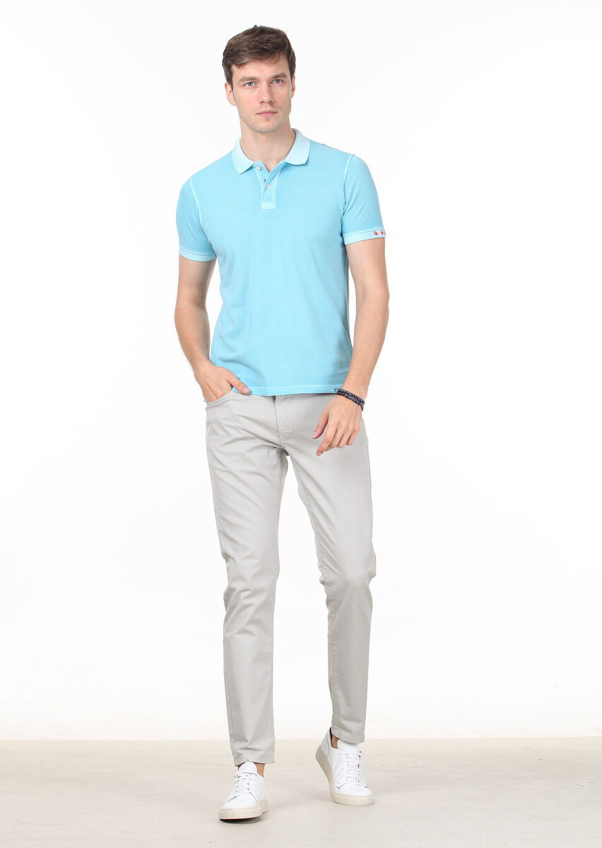 Turkuaz Düz Polo Yaka %100 Pamuk T-Shirt - 3