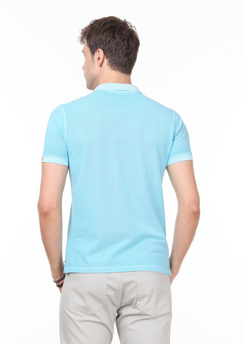 Turkuaz Düz Polo Yaka %100 Pamuk T-Shirt - 4