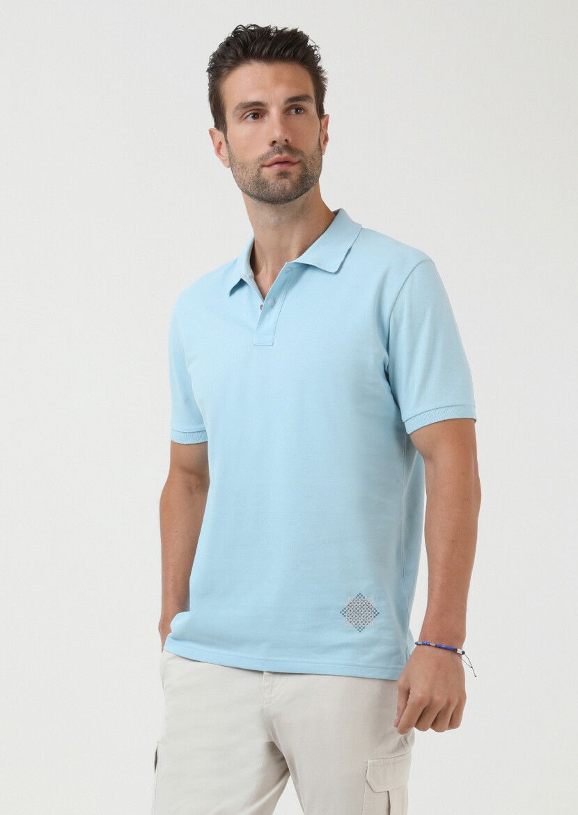 Turkuaz Düz Polo Yaka %100 Pamuk T-Shirt 
