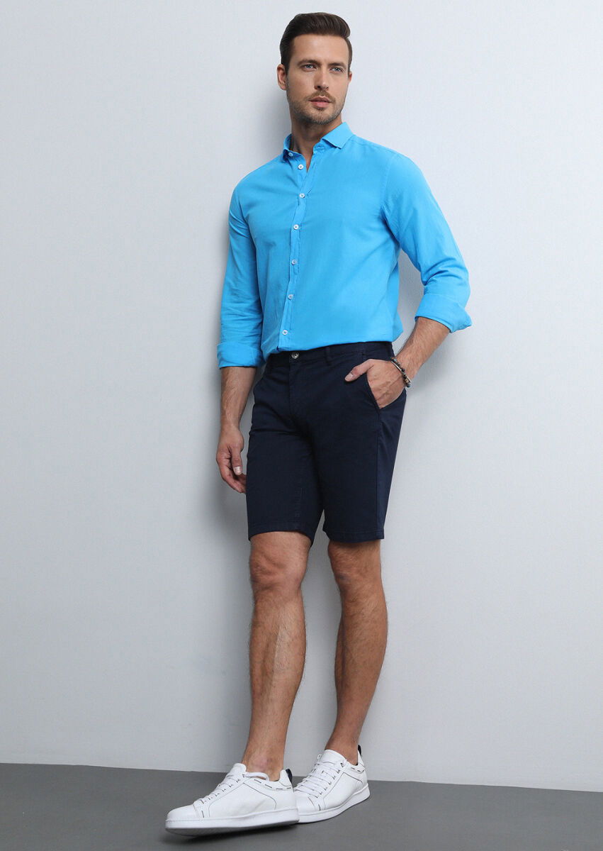 Turquoise Regular Fit Weaving Denim 100% Cotton Shirt - 4