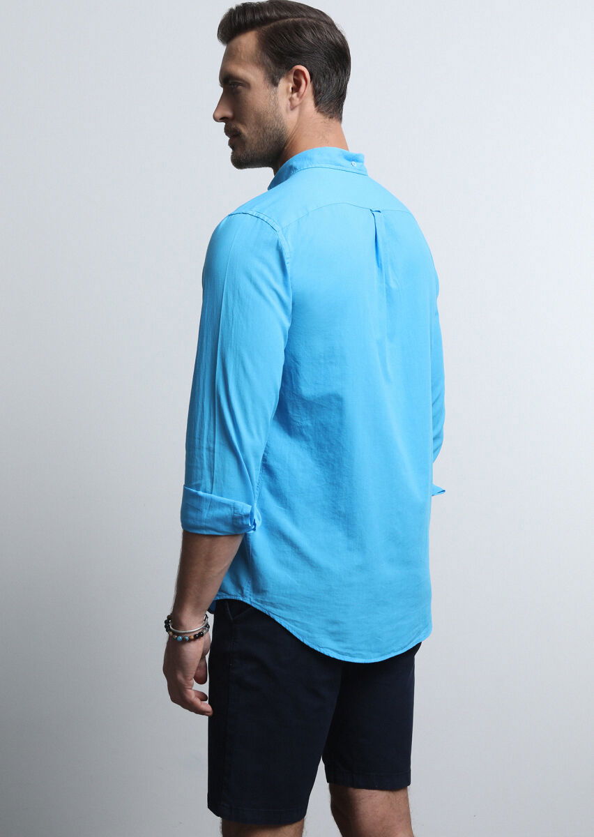 Turquoise Regular Fit Weaving Denim 100% Cotton Shirt - 5