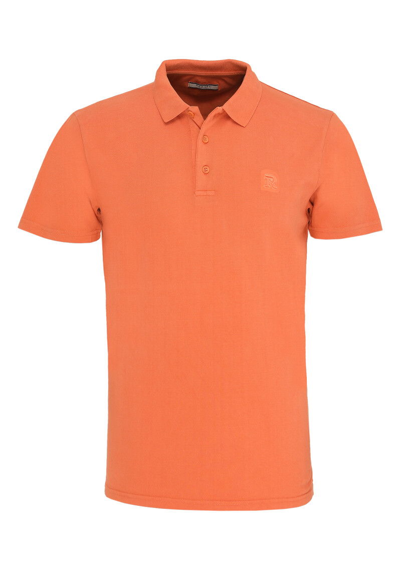 Turuncu Baskılı Polo Yaka %100 Pamuk T-Shirt 