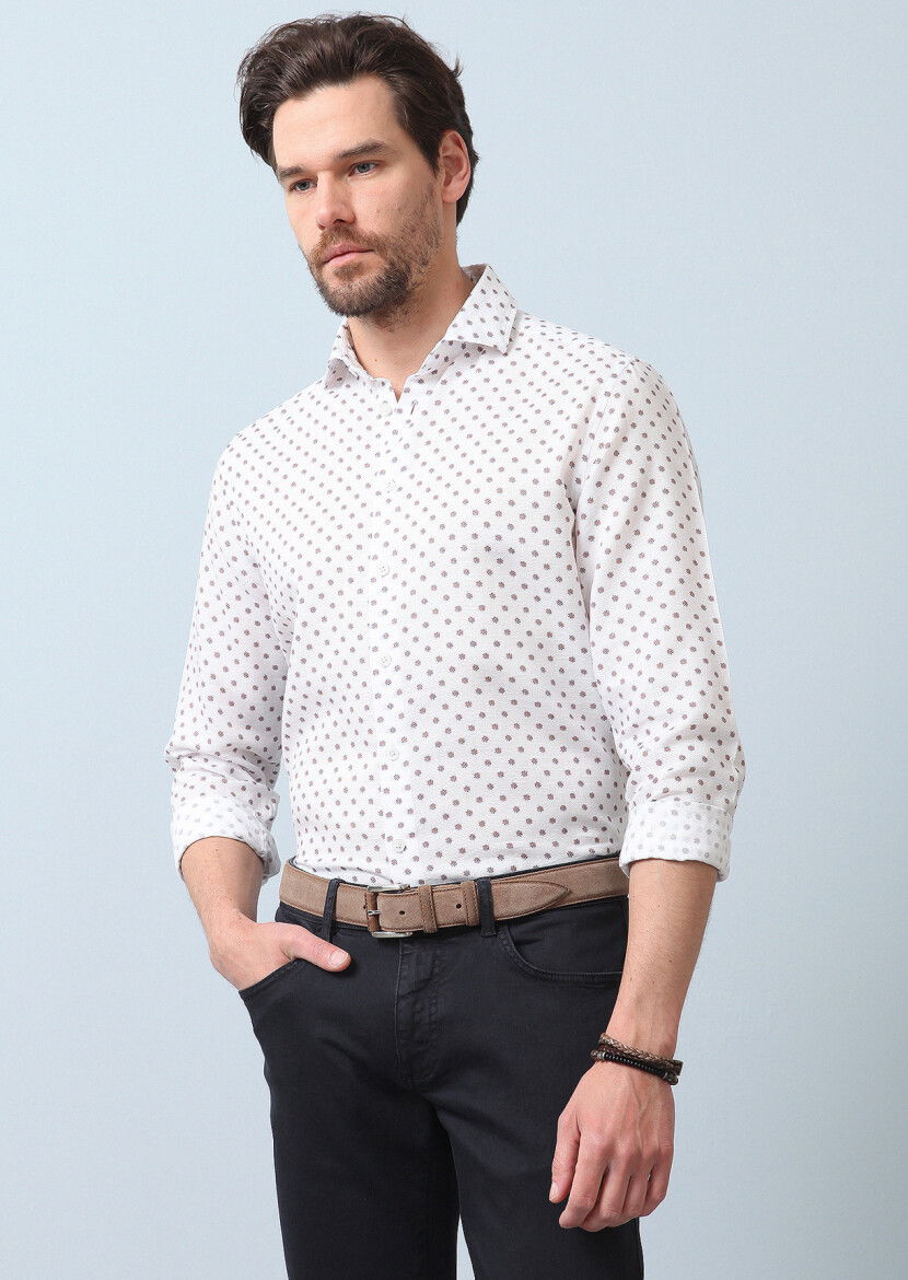 Turuncu Baskılı Regular Fit Dokuma Casual Pamuk Karışımlı Gömlek 