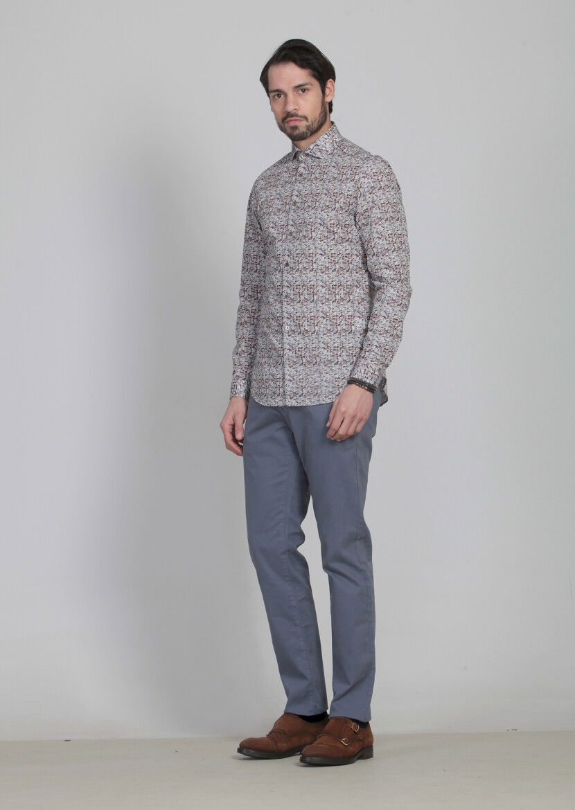 Turuncu Baskılı Slim Fit Dokuma Casual %100 Pamuk Gömlek 