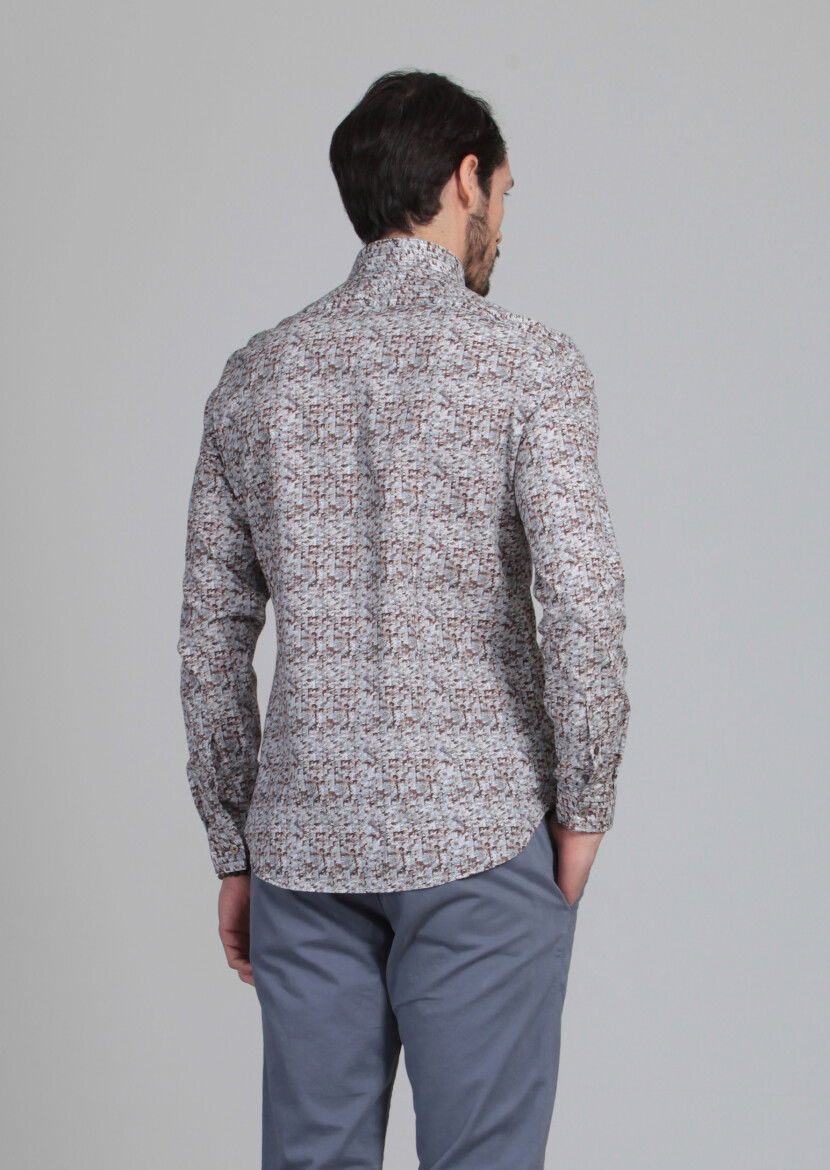 Turuncu Baskılı Slim Fit Dokuma Casual %100 Pamuk Gömlek - 4