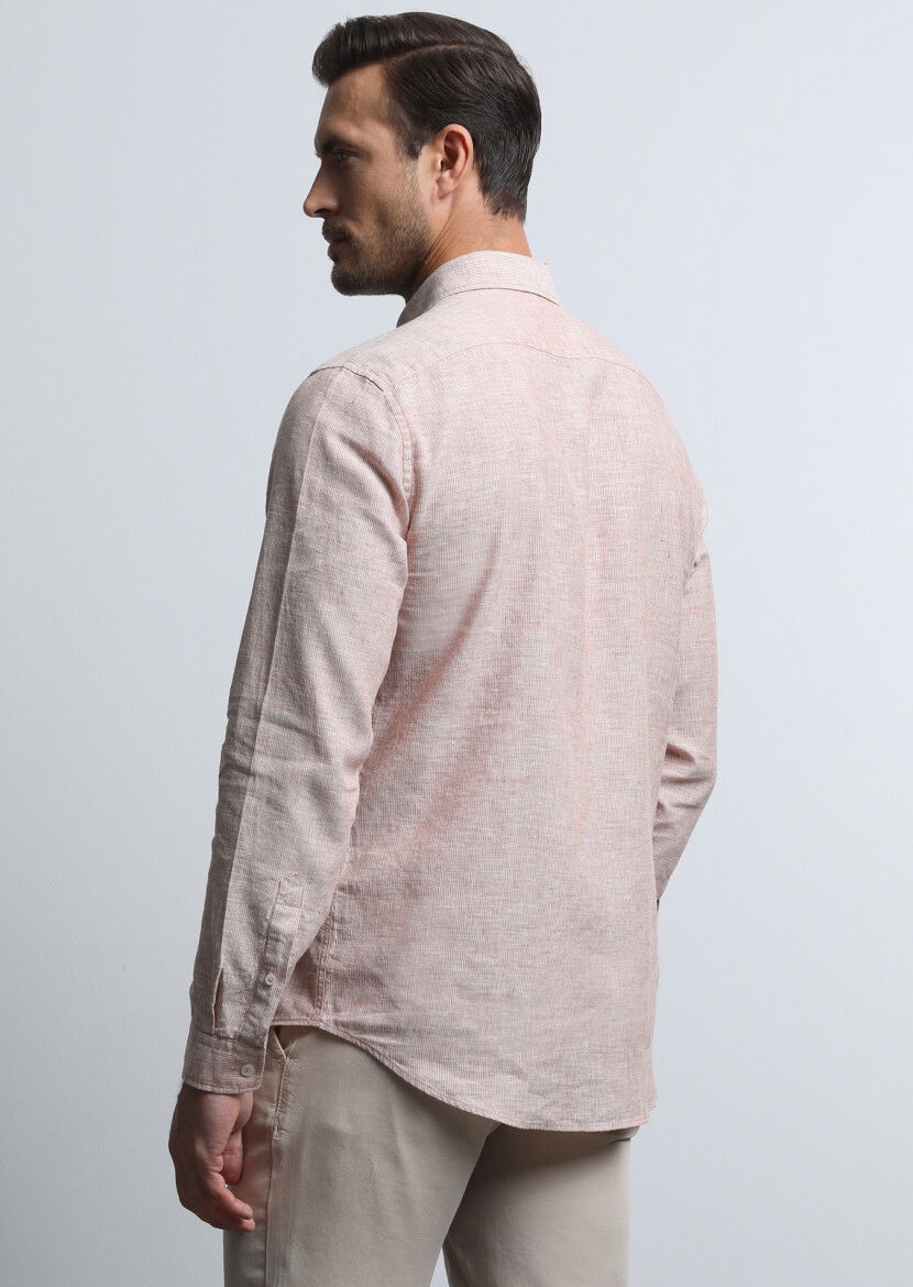 Turuncu Çizgili Regular Fit Dokuma Casual Pamuk Karışımlı Gömlek - 5