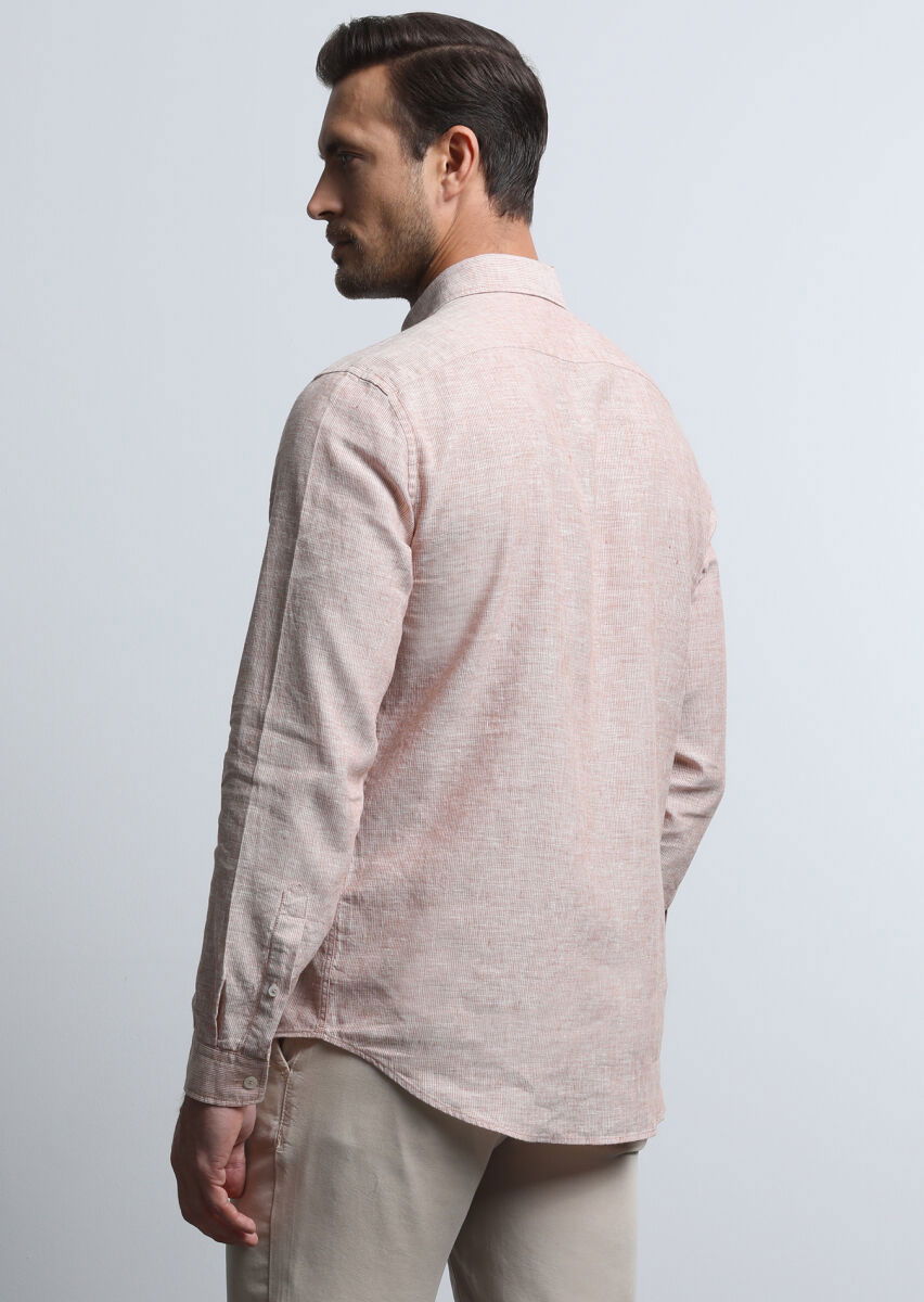 Turuncu Çizgili Regular Fit Dokuma Casual Pamuk Karışımlı Gömlek - 5