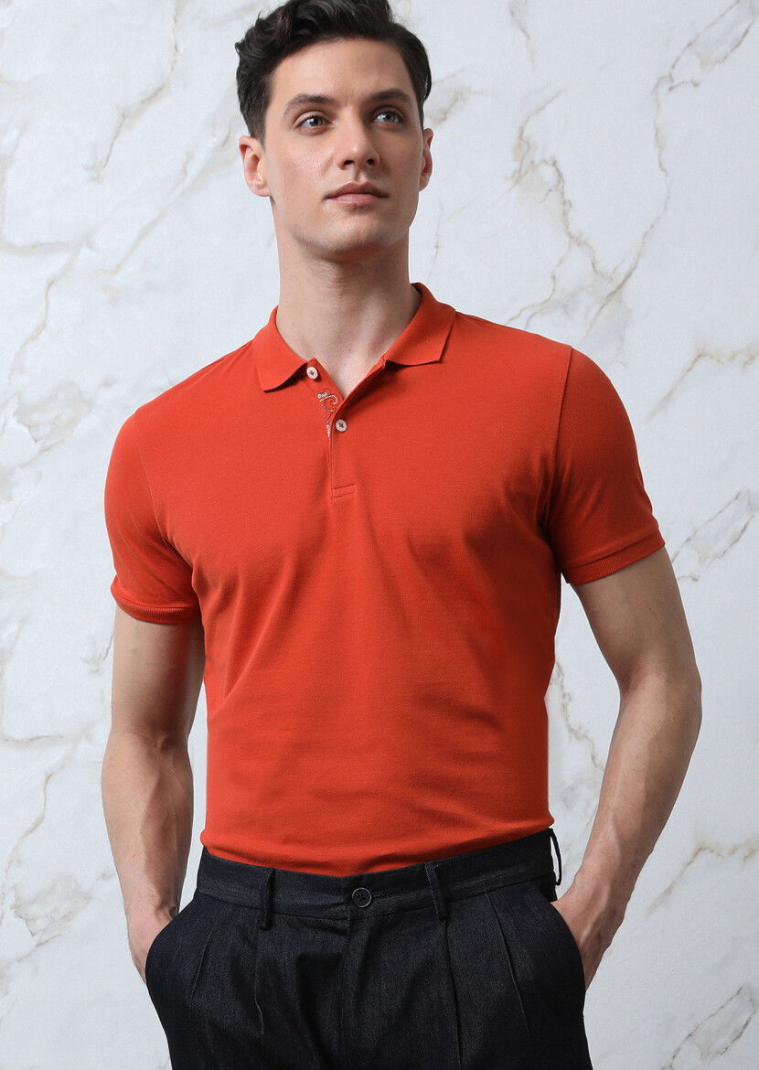 Turuncu Düz Polo Yaka %100 Pamuk T-Shirt 