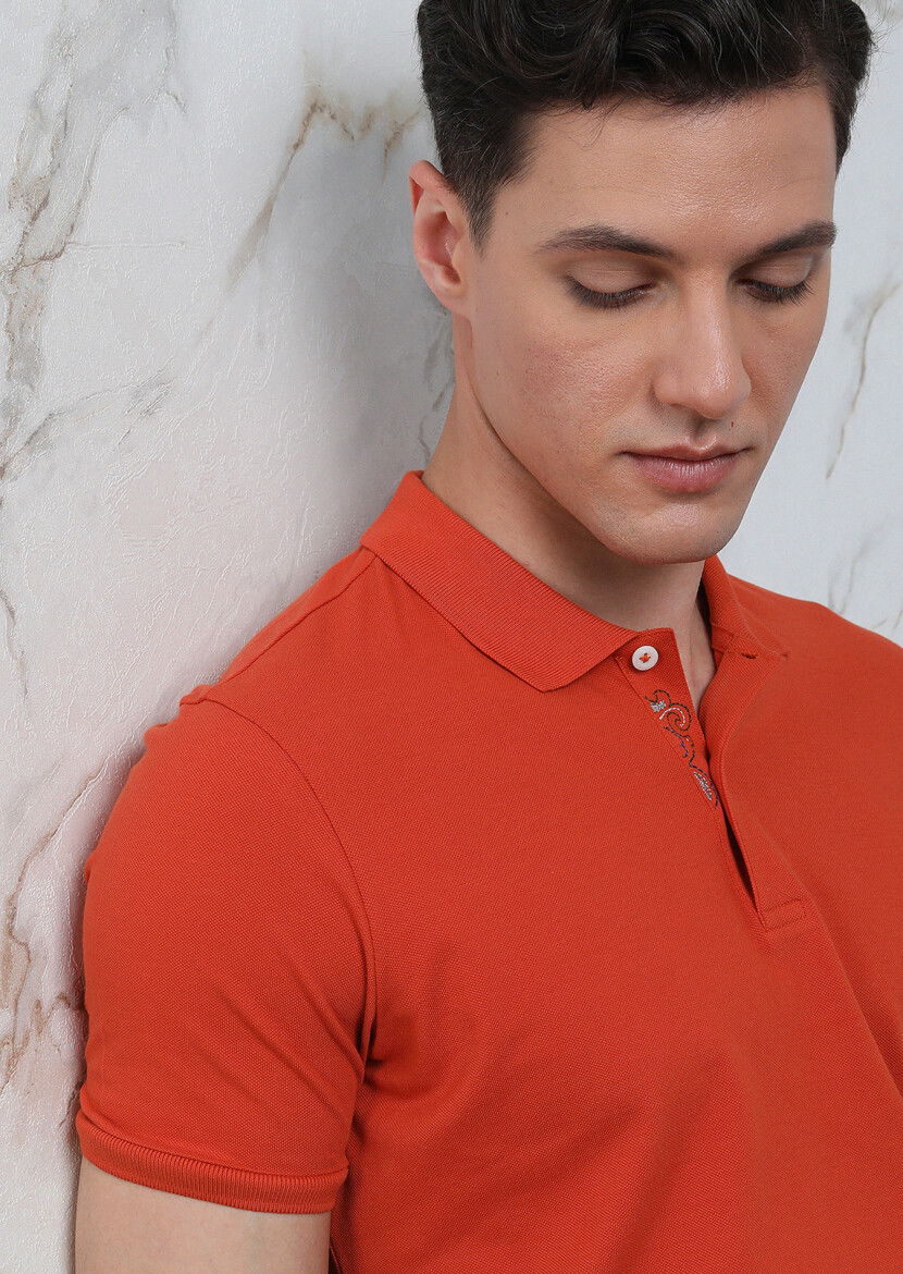 Turuncu Düz Polo Yaka %100 Pamuk T-Shirt 
