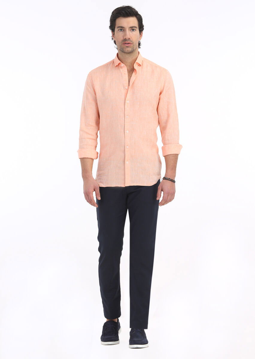 Turuncu Düz Regular Fit Dokuma Casual %100 Keten Gömlek - 1