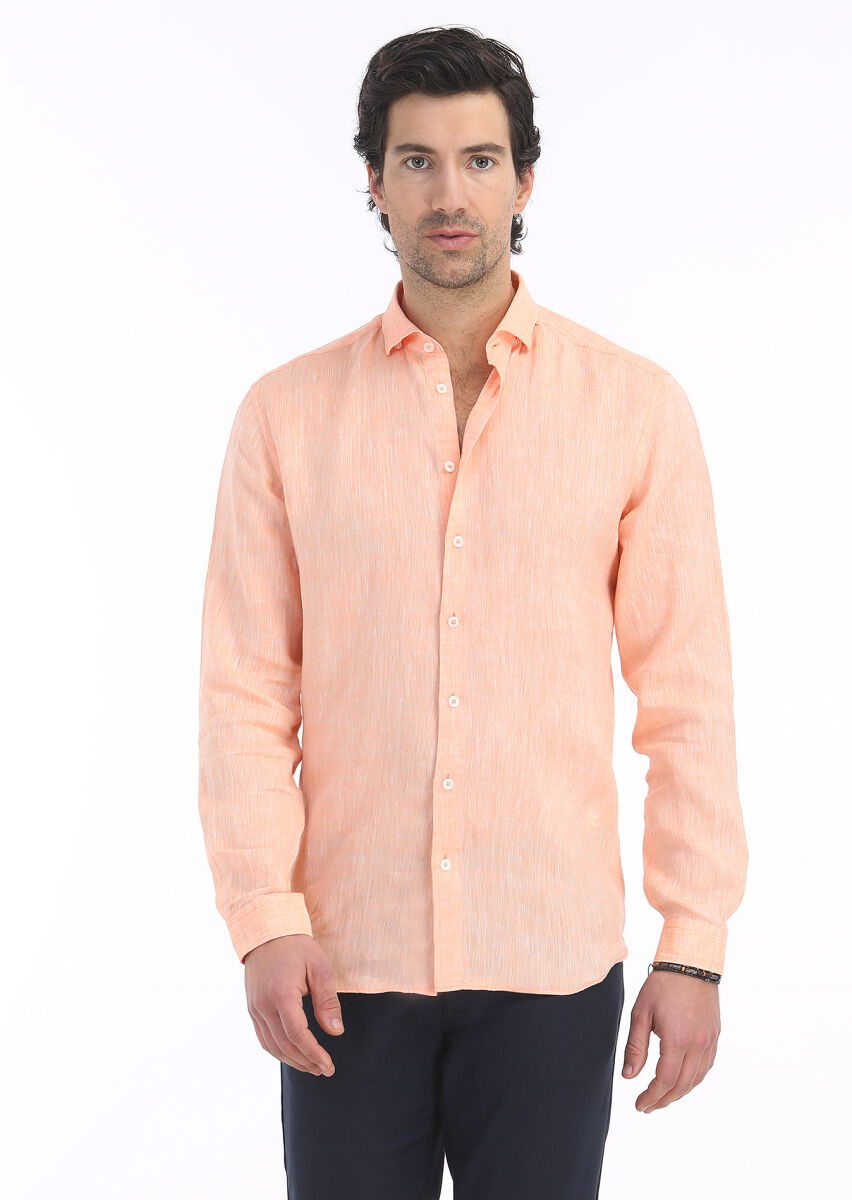 Turuncu Düz Regular Fit Dokuma Casual %100 Keten Gömlek - 2