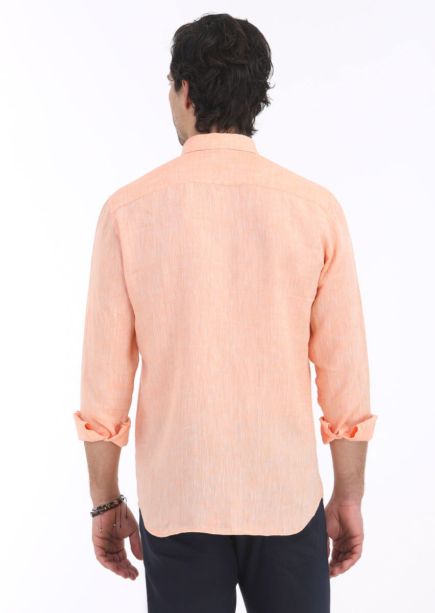 Turuncu Düz Regular Fit Dokuma Casual %100 Keten Gömlek - 5