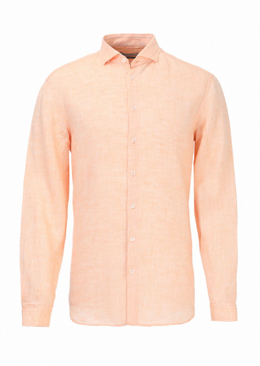 Turuncu Düz Regular Fit Dokuma Casual %100 Keten Gömlek - 6