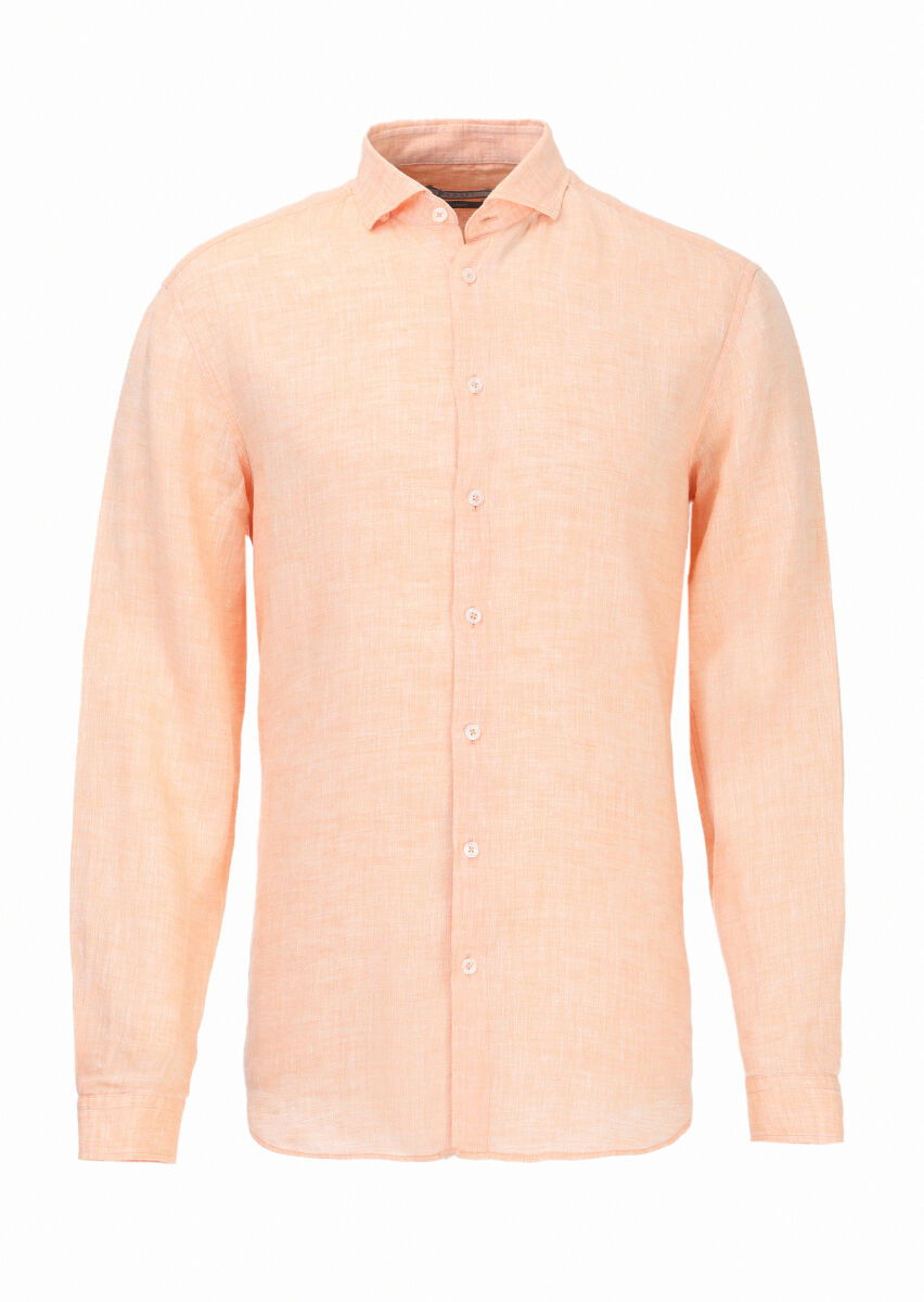 Turuncu Düz Regular Fit Dokuma Casual %100 Keten Gömlek - 6
