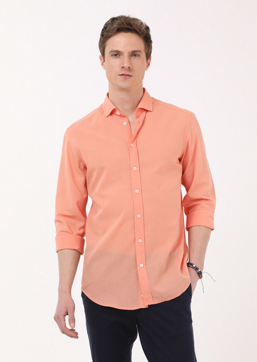 Turuncu Düz Regular Fit Dokuma Casual %100 Pamuk Gömlek 