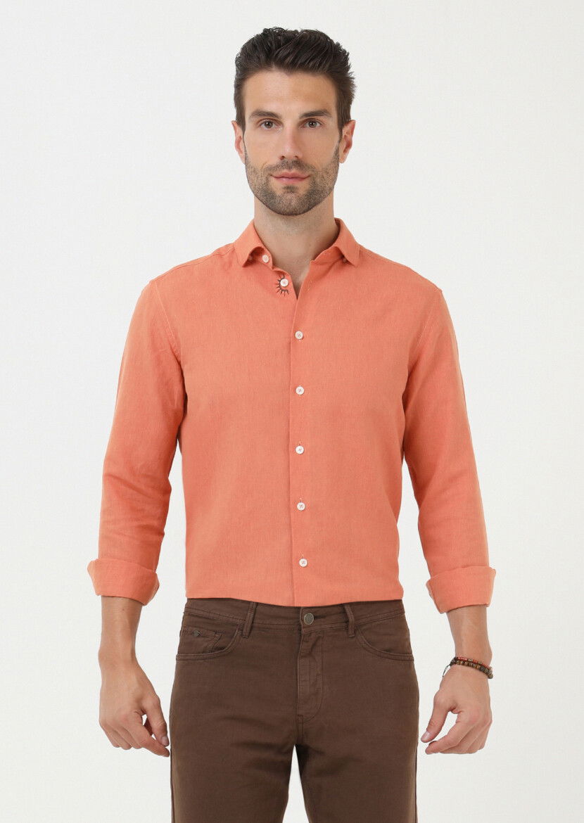 Turuncu Düz Regular Fit Dokuma Casual Pamuk Karışımlı Gömlek - 1