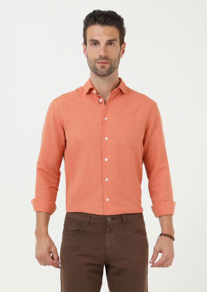 Turuncu Düz Regular Fit Dokuma Casual Pamuk Karışımlı Gömlek - 1