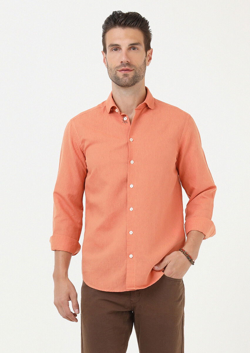 Turuncu Düz Regular Fit Dokuma Casual Pamuk Karışımlı Gömlek - 3
