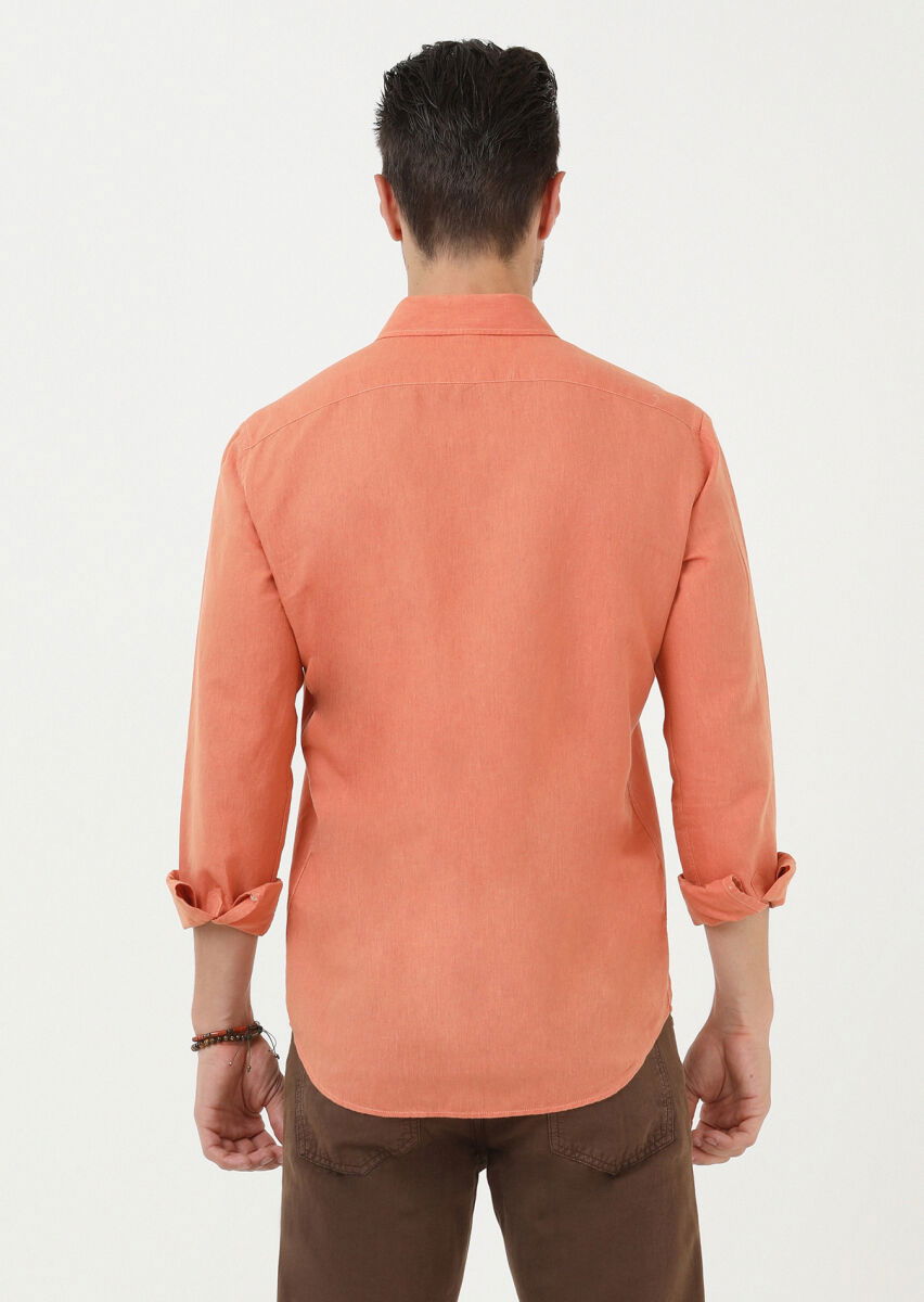 Turuncu Düz Regular Fit Dokuma Casual Pamuk Karışımlı Gömlek - 5