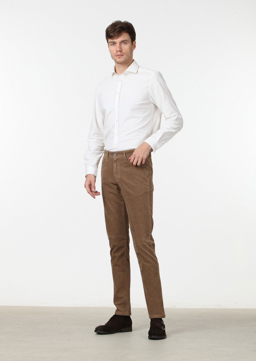 Vizon Düz Dokuma Slim Fit Kadife Casual Pamuk Karışımlı Pantolon 