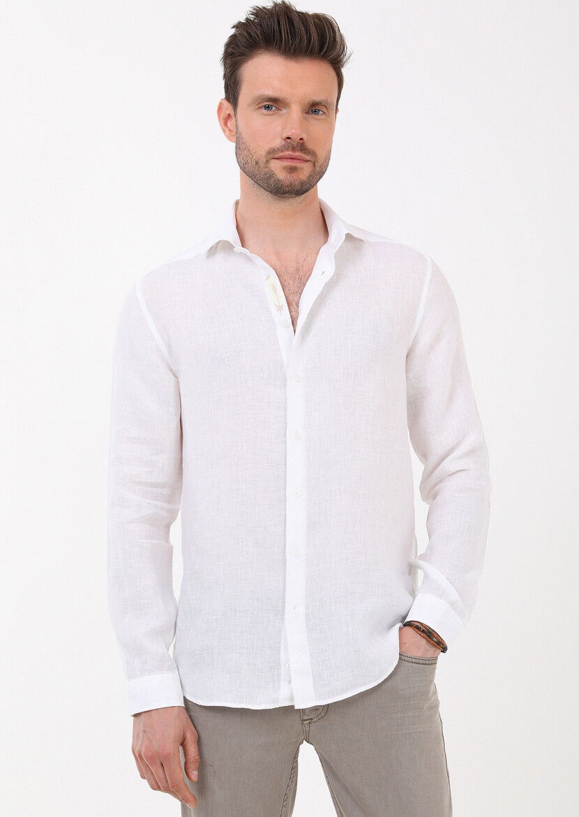 White Plain Regular Fit Weaving Casual 100% Linen Shirt 