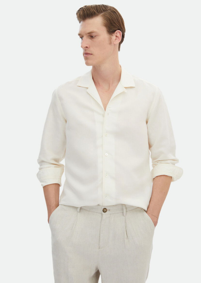 White Plain Regular Fit Weaving Casual Linen Blended Shirt 