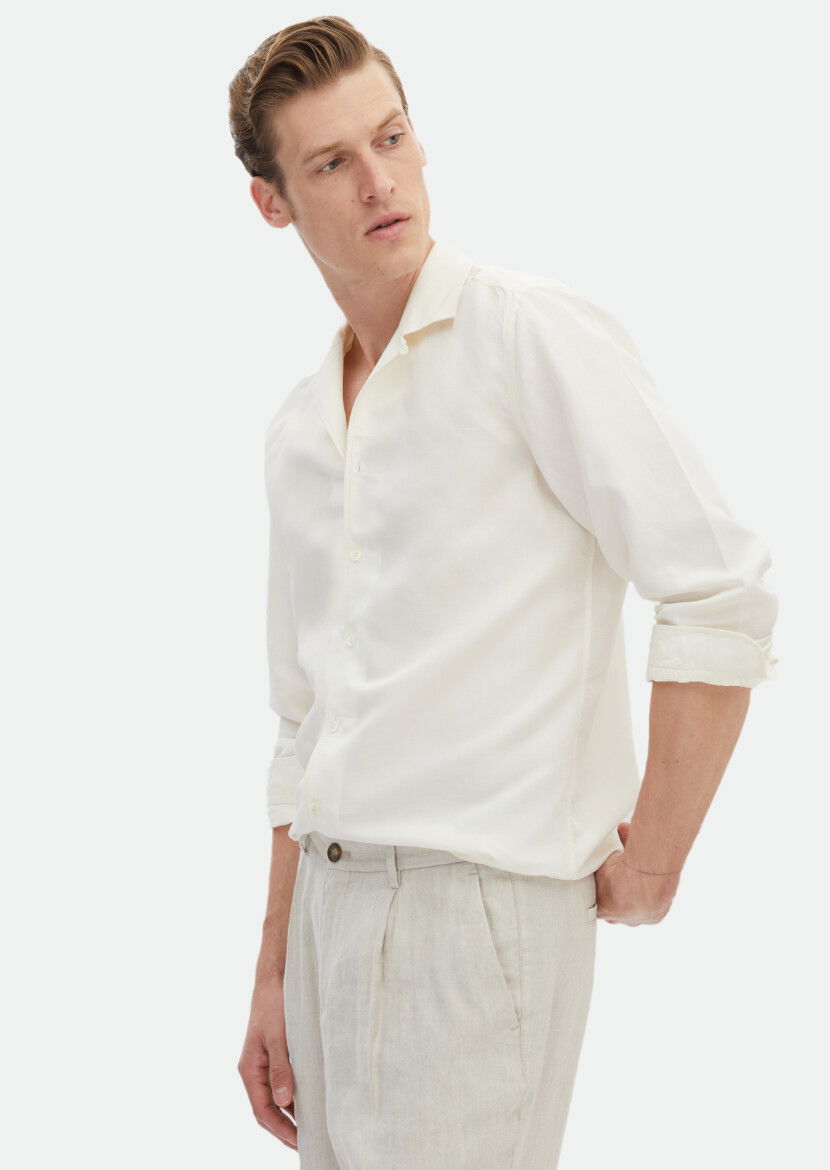 White Plain Regular Fit Weaving Casual Linen Blended Shirt - 4