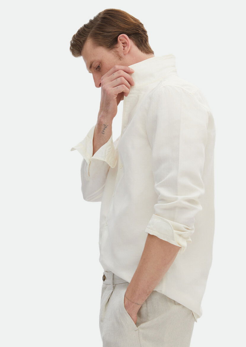 White Plain Regular Fit Weaving Casual Linen Blended Shirt - 6